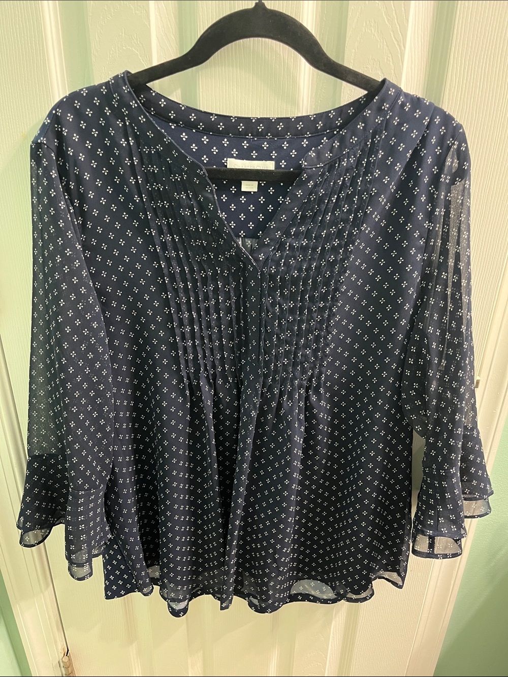 Charter Club Navy Blue Pintuck Peasant Blouse with White Dot Print